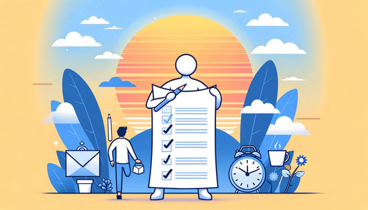A cartoony style person with a checklist and daily activities, symbolizing a balanced routine and personal growth.
