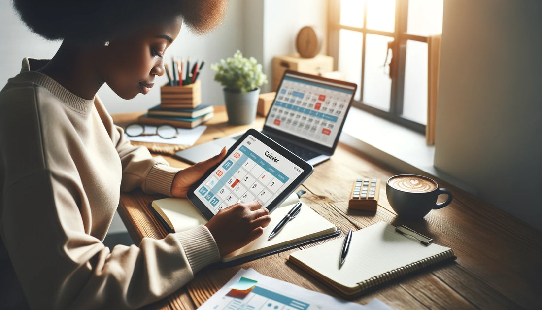 A woman using a planner app on a tablet at a tidy desk, symbolizing time management and organization