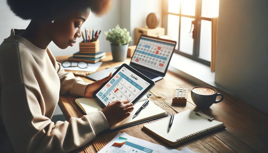 A woman using a planner app on a tablet at a tidy desk, symbolizing time management and organization