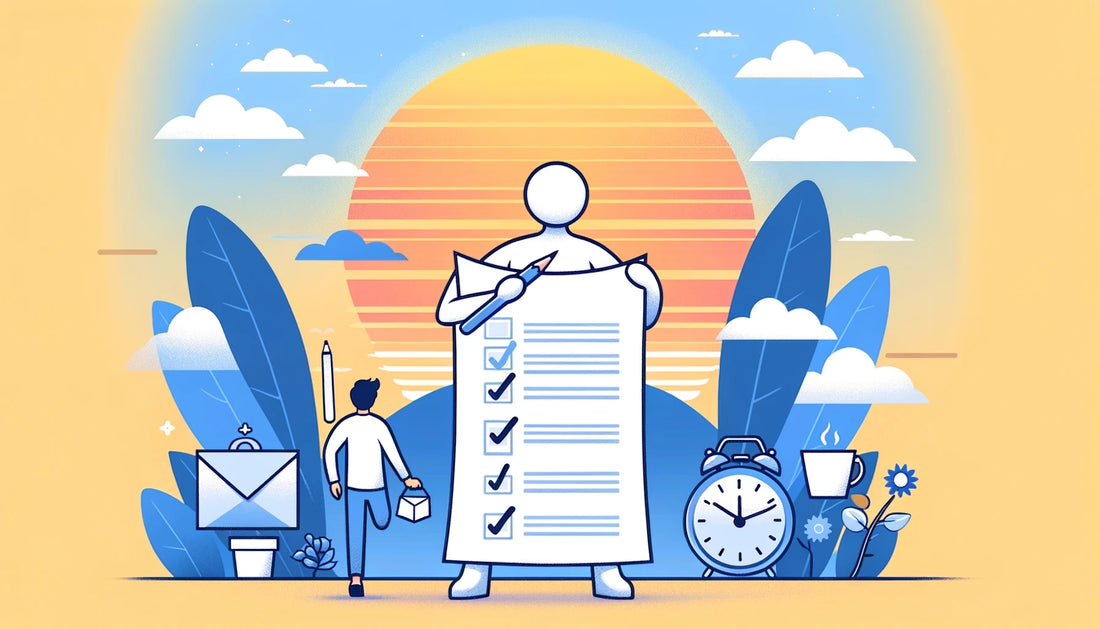 A cartoony style person with a checklist and daily activities, symbolizing a balanced routine and personal growth.