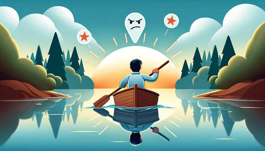 A person rowing a boat upstream in a calm river at sunrise, symbolizing overcoming negative bias and building confidence.